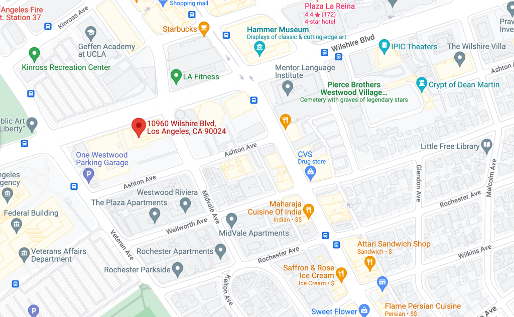 Screenshot of Map showing UCAAN's location: 10960 Wilshire Blvd., Los Angeles, CA 90024